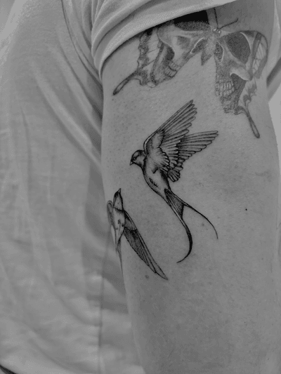 Experience the stunning detail and beauty of this black and gray micro realism swallow tattoo by the talented artist Ruth Hall.