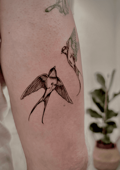 Elegantly detailed black and gray illustrative design of a swallow, expertly executed by tattoo artist Ruth Hall.