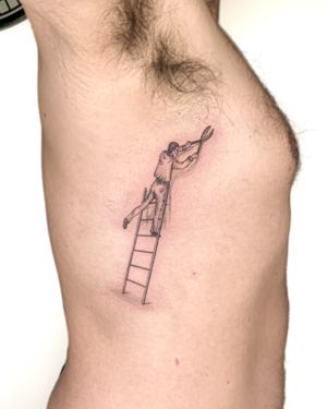 Capture the beauty of a dreamy landscape with Bradley Mollett's illustrative black and gray staircase tattoo.