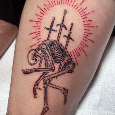 Unique dotwork and illustrative style tattoo featuring a detailed skeleton design by the talented artist Andrew Garinther.