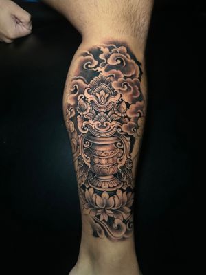 Illustrative incense tattoo showcasing Avi's talent in black & gray ink. A unique and elegant design for tattoo enthusiasts.