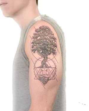 Fine line and illustrative tattoo by Bradley Mollett, combining a symbolic tree with meditative elements in black and gray.