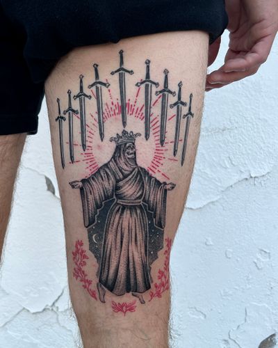 Dark and detailed black and gray tattoo of a haunting grim reaper, done by the talented artist Andrew Garinther.