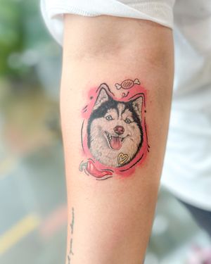 Get a cute and realistic husky tattoo done by Bradley Mollett. A perfect tribute to your beloved pet!