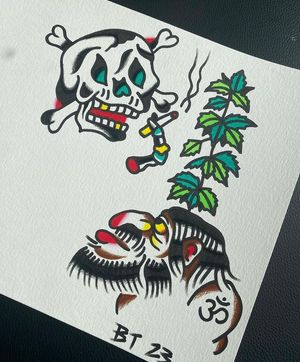 Traditional colour flash featuring a caveman with plants and a smoking skull 