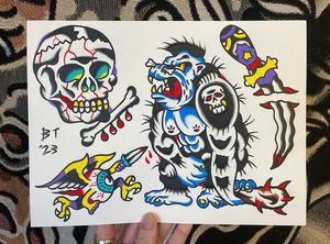 Traditional colour flash featuring a gorilla with a club, dagger and skin rip, eye hablak with wings and legs alongside a skull and bones 
