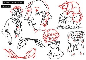 Linework flash with red, fish, rate and skull, lady and more 