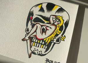 Traditional colour flash of a lady in a skull