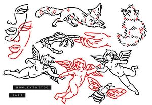 Linework flash with red, foxes, cherubs, cat and creation of Adam hands 