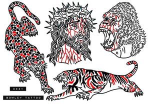 Linework flash with red, Jesus head, gorilla head and two tigers 