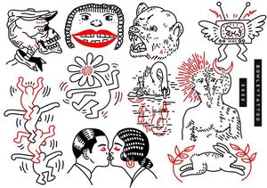 Linework flash with red, bear, sun moon gods, swan, Keith haring stack and more 