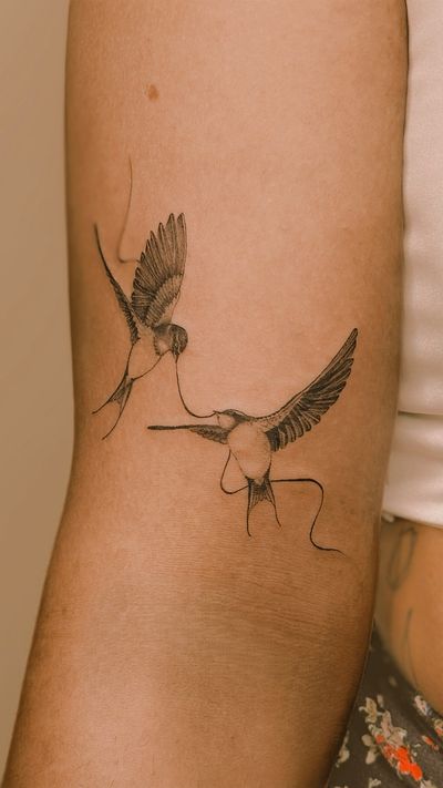 Two micro realistic swallows with a ribbon 