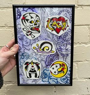 Traditional colour flash featuring a skulls sacred heart, dogs bum, snail, moon 