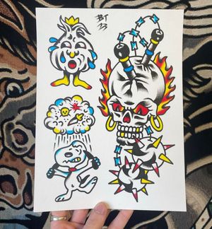 Traditional colour flash featuring a sentient onion crying, angry snoopy and a skull with two maces and flames 