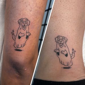 Unique tattoo design combining a dog and ghost motif, by Jonathan Glick. Detailed illustration with a touch of whimsy.