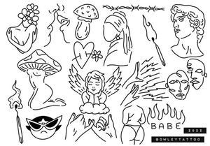 Linework flash with a cherub, powderpuff girl, mushroom lady, matchstick, statue busy and more 