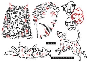 Linework flash with red, trippy statue, dogs and more 