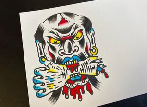 Traditional colour flash of a man’s head ripping off an arm in his mouth! 