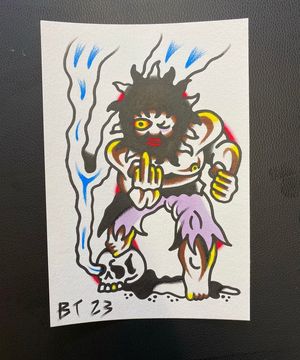 Traditional colour flash featuring a caveman, skull and smoke 
