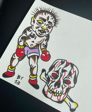 Traditional colour flash featuring a beaten up tattooed boxer and a skull 