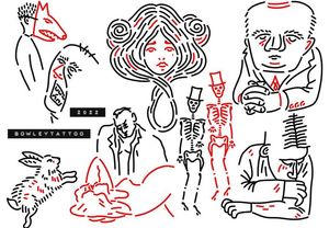 Linework flash with red, lady head, skeletons, rabbit, man and more