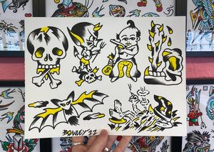 Traditional colour flash featuring a skull, a hot stuff devil, a cherub robber, skull club, bat and smoking wizard 