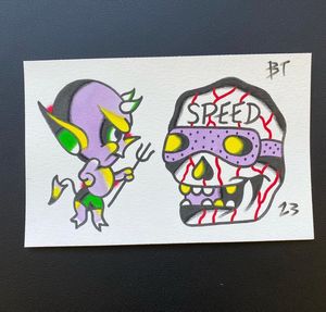Traditional colour flash featuring a purple hot stuff devil and speed skull 