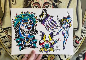 Traditional flash featuring a Jesus head and rose, gorilla hand, eyeball with wings/arms and legs and a blue winged horned lady 