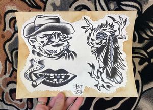 Traditional black and grey flash featuring a cowboy head, lips smoking and a big eagle on a branch 