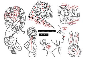 Linework flash with red, statue bust, tiger, river scene and more 