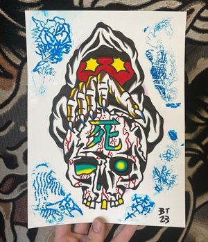 Traditional colour flash featuring a cosmic space reaper and skull with ‘DEATH’ kanji 