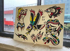 Traditional flash featuring an eagle, snake skull, pinup lady, tribal, loose teeth and panther head 