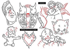 Linework flash with red, cherubs, cat, hannya, Bart Simpson and more 