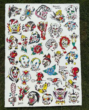Traditional colour flash featuring skulls, lady head, devils, roses, dice, panther head. Rats, Tasmanian devil. Cherubs, scorpions and more 