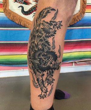 Traditional black and grey wolf coverup 