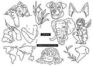Linework flash with an elephant, dog, cherub, world map and more 