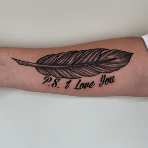 Dotwork Feather/Writing Tribute tattoo