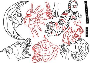 Linework flash with red, Doberman dog heads, smoking lady, sun and moon lady faces, tiger 