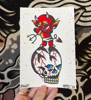 Traditional colour flash featuring a hot stuff devil stood on a skull 