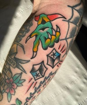 Traditional colour dice hand tattoo gap filler 