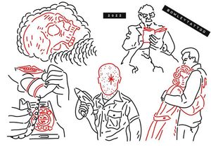 Linework flash with red, smoke skull, lady hugging man, telephone and more 