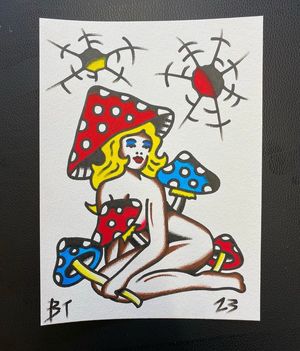Traditional colour flash featuring a mushroom lady pin up and bullet holes 