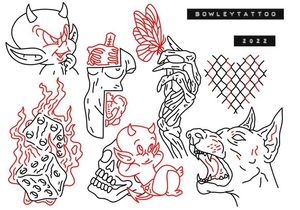 Linework flash with red, dice flames, hot stuff devil, dog head and more 