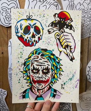 Traditional colour flash featuring the heath ledger joker, poison apple and a bat with a wooden cross in a hand 