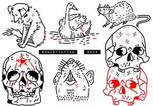 Linework flash with red Skulls, dogs, swan, rat and more 