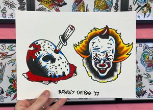 Traditional colour Halloween flash featuring Jason Voorhees mask and Pennywise the clown (Friday 13th and IT)
