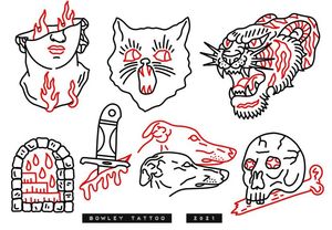 Linework flash with red, tiger head, dog heads, cat, stairway to nowhere and more 