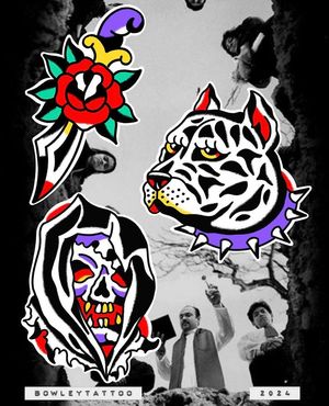 Traditional flash featuring a rose and dagger, dog head and reaper head 