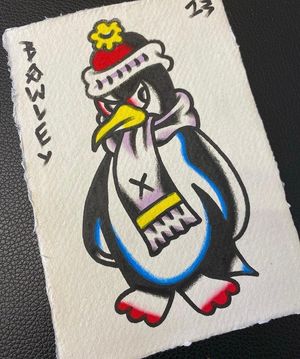 Traditional colour flash featuring a penguin with a hat and scarf 