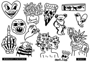 Linework flash with pizza slice skull, Statue of Liberty, cherry bomb and more 